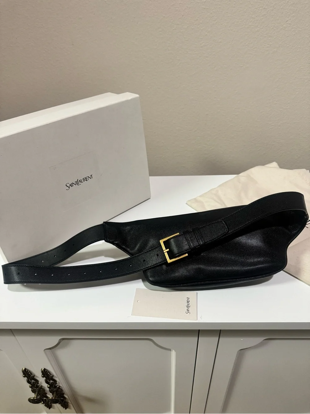 Saint Laurent YSL Cassandre Black Leather Belt Bag Full Set
